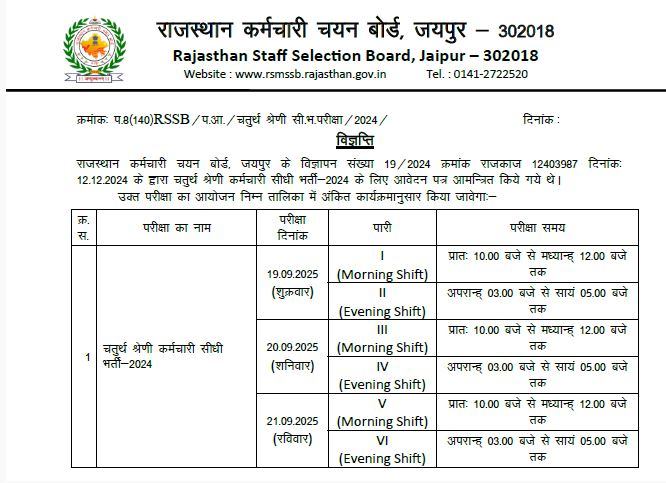 Rajasthan Fourth Grade Exam Schedule